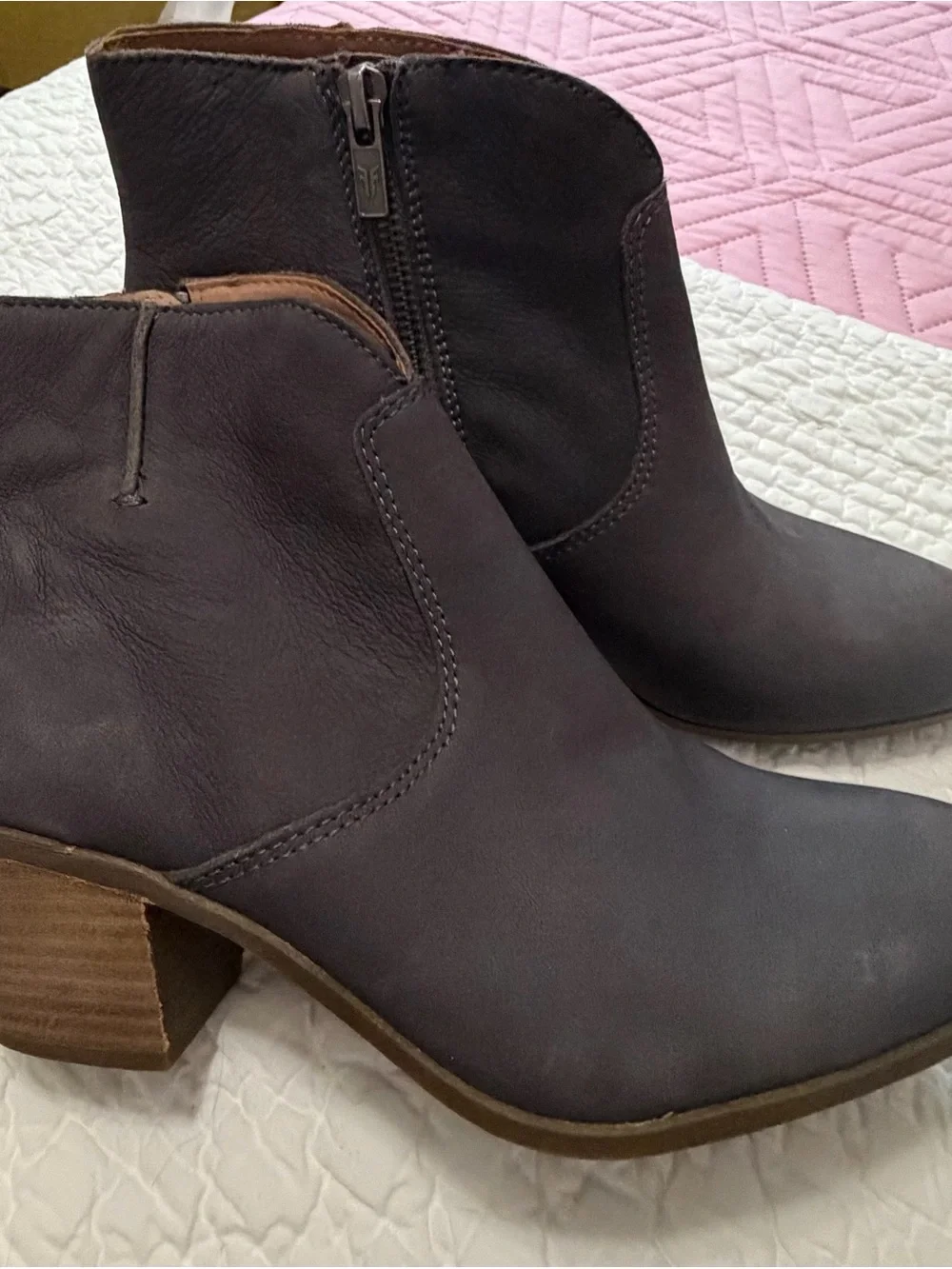 Frye Dark Gray Leather Ankle Booties with Stacked Heel